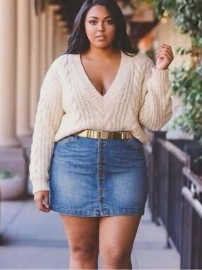 INC International Concepts Medium Blue Button-Front Denim Skirt